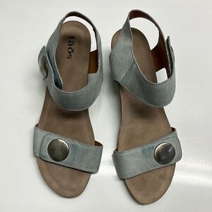 Taos Women’s Blue Textured Leather Velcro Two Strap Ankle Strap Wedge- 42 (10)